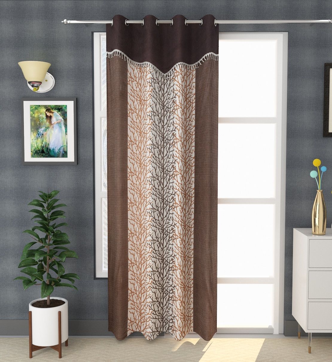     			Fashworld Printed Semi-Transparent Eyelet Door Curtain 7 ft Single -Brown