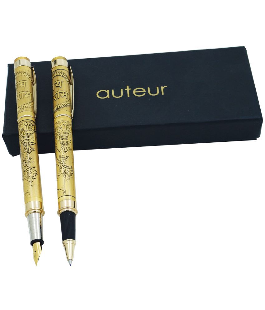     			auteur Pack of 2 Lord Rama Engraved Metal Body Fine Writting Roller Ball & Fountain Pen Gift Set