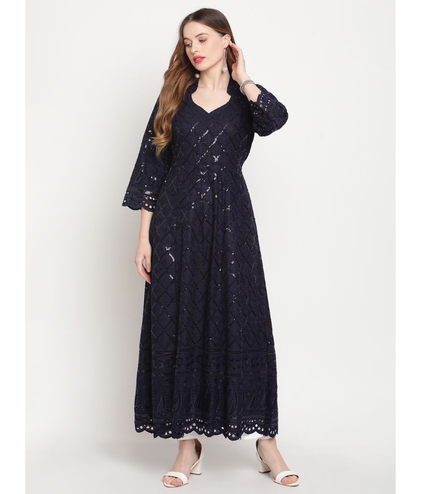     			Queenley Cotton Embroidered 3/4th Sleeves Anarkali Navy Kurti Single