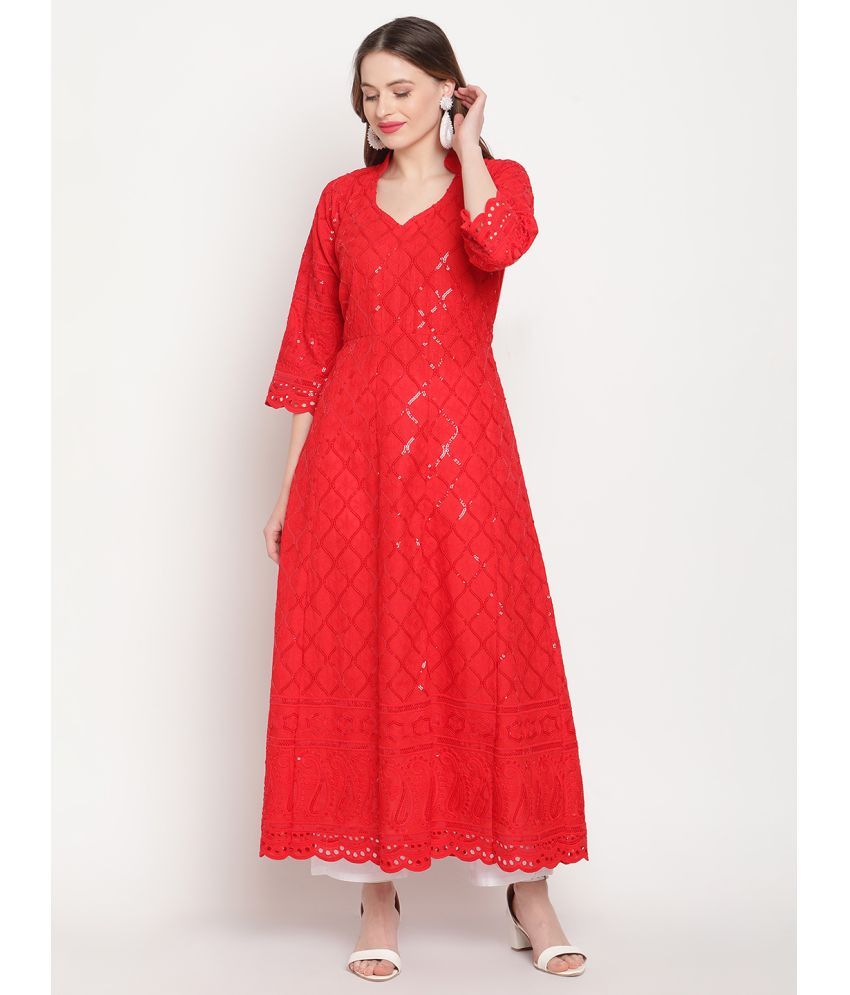     			Queenley Cotton Embroidered 3/4th Sleeves Anarkali Red Kurti Single