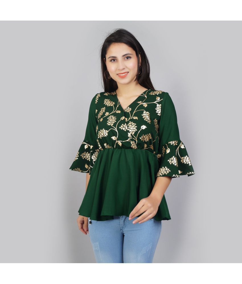 ALIMS Poly Crepe Flared Sleeves Green Crop Tops