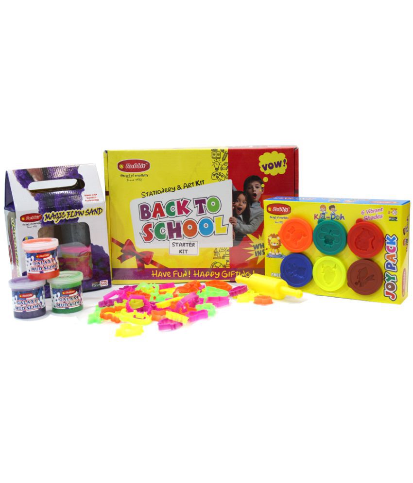     			Rabbit Back To School Starter Kit + Kid Doh Joy Pack+ 24 Molding Toy Set & belan+ 3 Galaxy Mud Slime+ Magic FLow Sand Gift Pack|Kids Playing Sand| Kinetic Sand for kids with Shapes| Play Doh| Modelling dough for Kids|Stationery and Art Kit|Age 4+