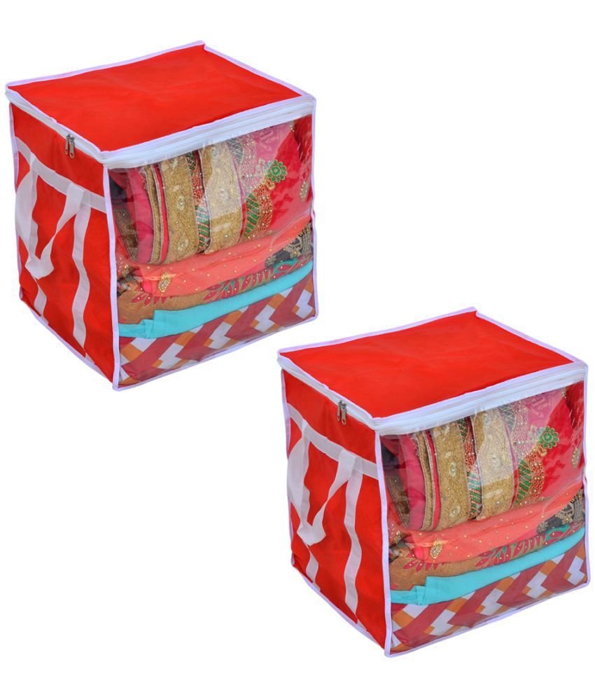     			Sh Nasima XL Saree Cover/sari organizer with handles and transparent front (15 * 12 * 15 In), Pack of 2 Red