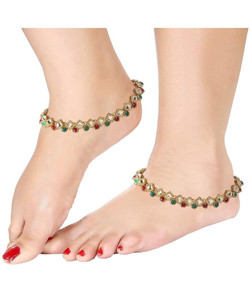     			I Jewels Gold Plated Kundan & pearl Studded Adjustable Bridal Anklets/Payal For Women/Girls (A023MG)