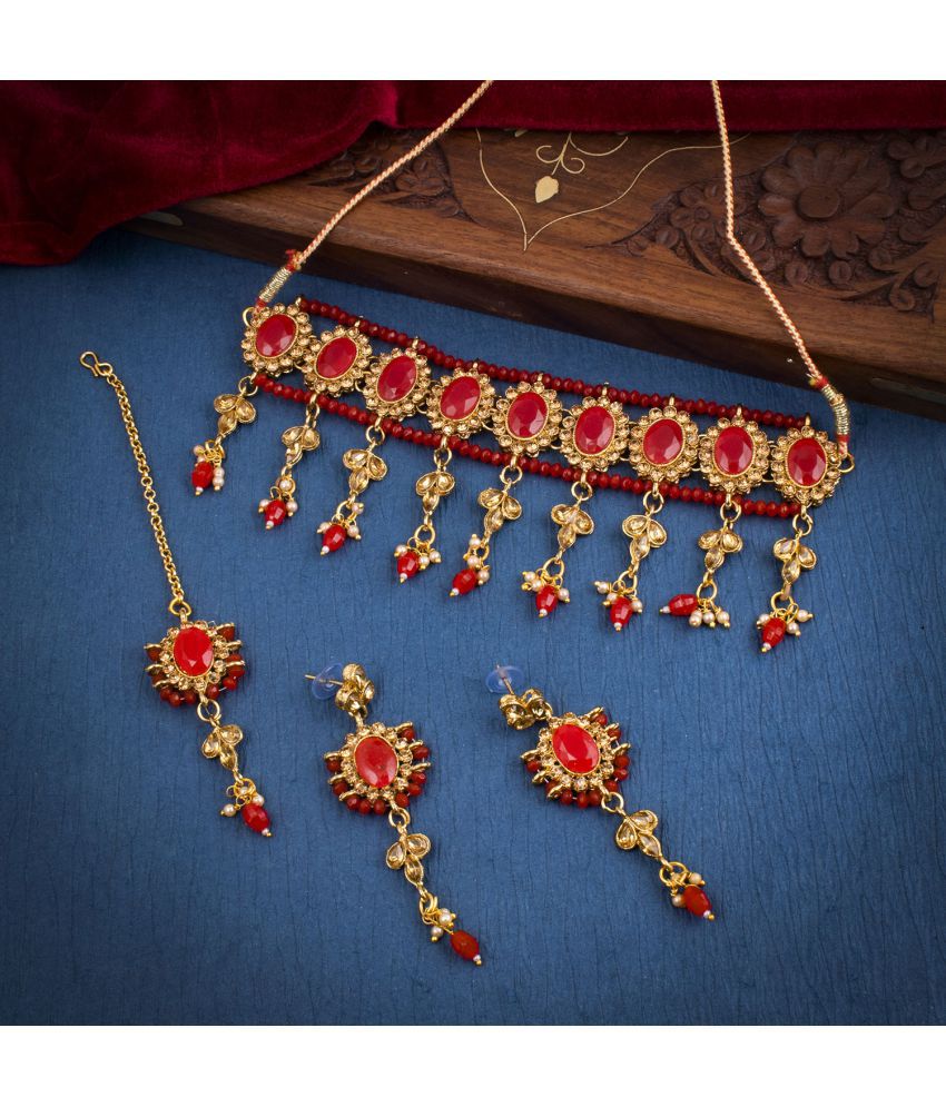     			Sukkhi Brass Red Traditional Necklaces Set Choker