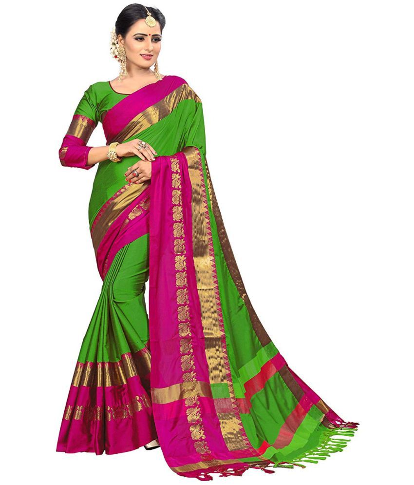     			fab woven - LightGreen Cotton Blend Saree With Blouse Piece ( Pack of 1 )
