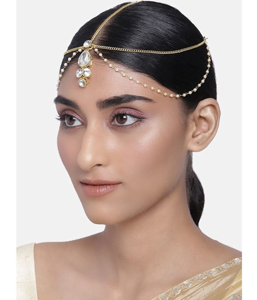     			I Jewels 18k Gold Plated Traditional Stone Studded Bridal Pearl Mathapatti for Women (T1083W)