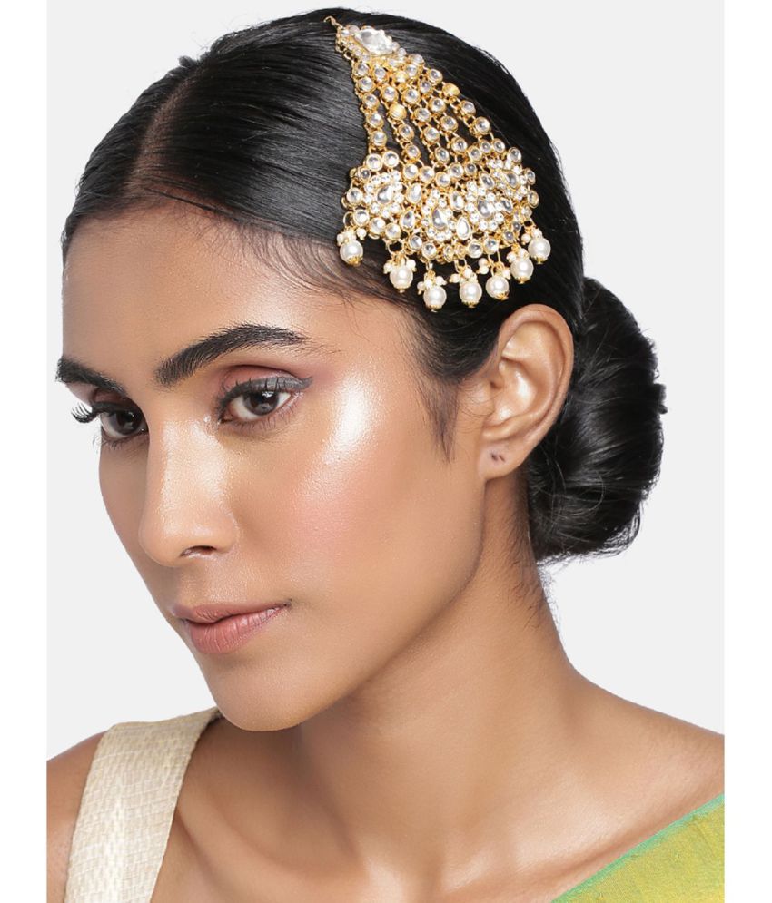     			I Jewels 18k Gold Plated Mughal Beautiful Long Pearl Kundan Jhumar Passa/Jhoomar Maang Tikka for Women (T2047W)