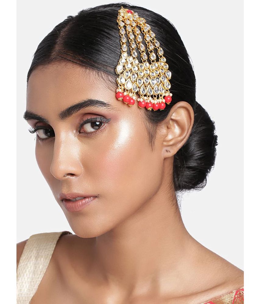     			I Jewels 18k Gold Plated Mughal Beautiful Long Pearl Kundan Jhumar Passa/Jhoomar Maang Tikka for Women (T2053R)