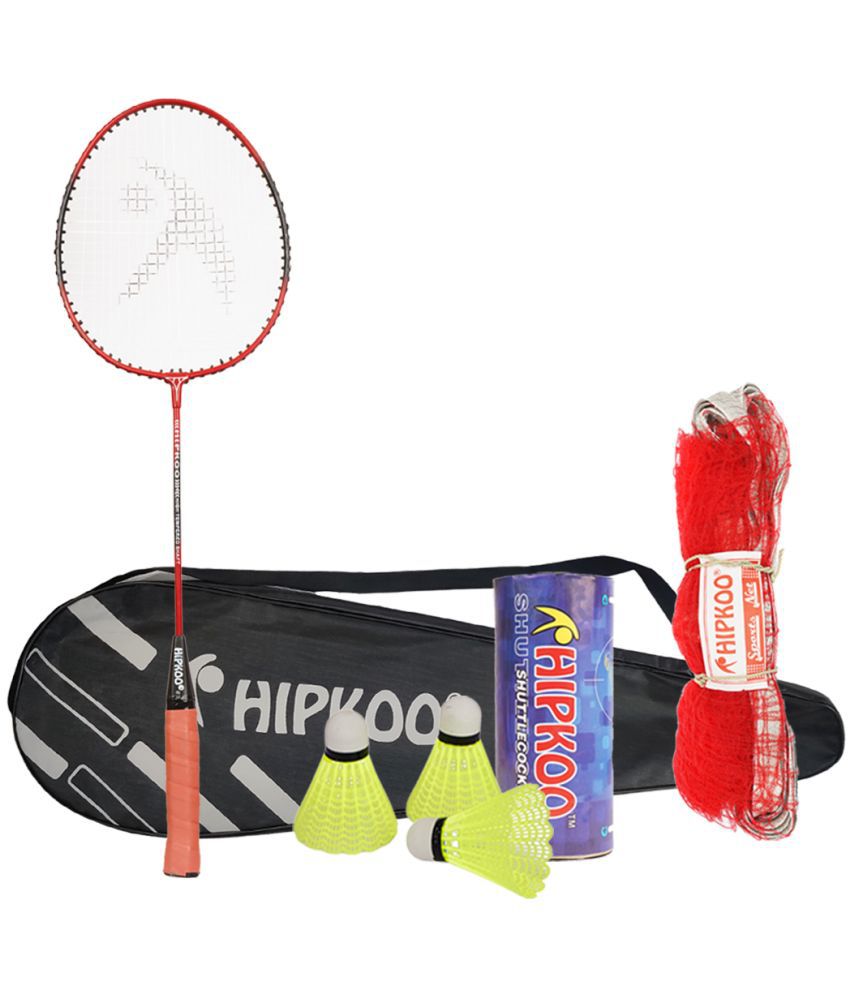     			Hipkoo Sports Sunrise HR 12 Aluminum Badminton Complete Racquets Set | 1 Wide Body Rackets with Cover, 3 Shuttlecocks and Net | Ideal for Beginner | Lightweight & Sturdy (Red, Set of 1)