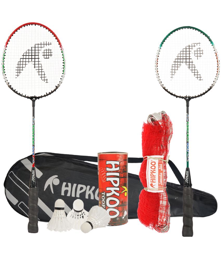     			Hipkoo Sports Toofani Heavy Duty Aluminum Badminton Complete Racquets Set | 2 Wide Body Racket, 3 Shuttlecocks and Net | Ideal for Beginner | Flexible, Lightweight & Sturdy (Red & Green, Set of 2)