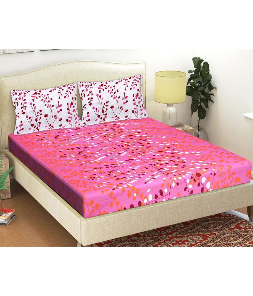     			FrionKandy Living Cotton Floral Queen Bed Sheet with Two Pillow Covers-Pink