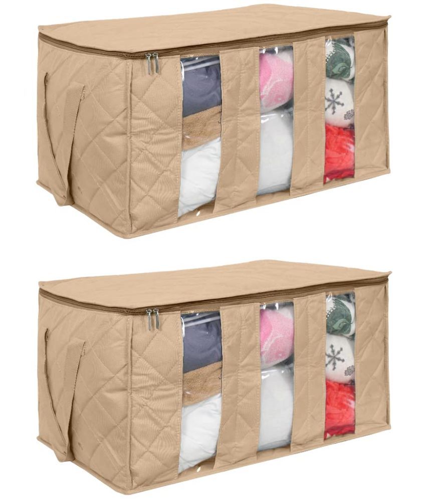     			PrettyKrafts Underbed Fabric Storage Box Clothing Organizer with 3 Partitions, Beige, Rectangular (Pack of 2)