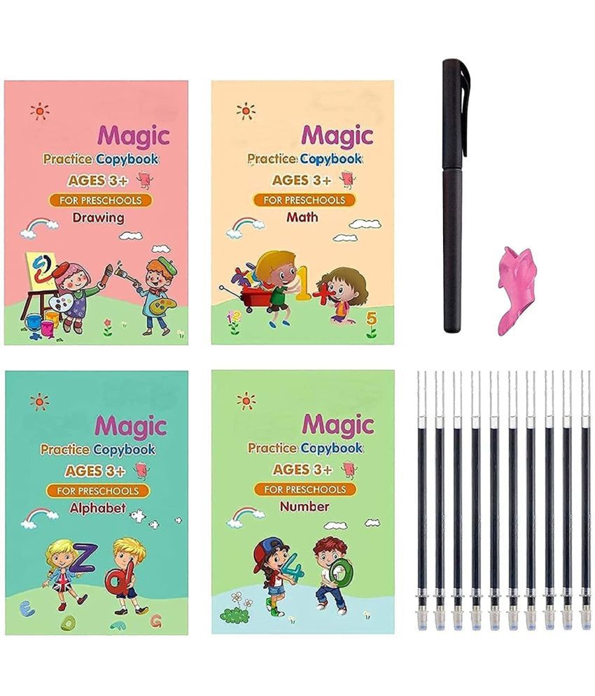     			Sank Magic Practice Copybook, (4 BOOK + 10 REFILL) Number Tracing Book for Preschoolers with Pen, Magic Calligraphy Copybook Set Practical Reusable Writing Tool Simple Hand Lettering