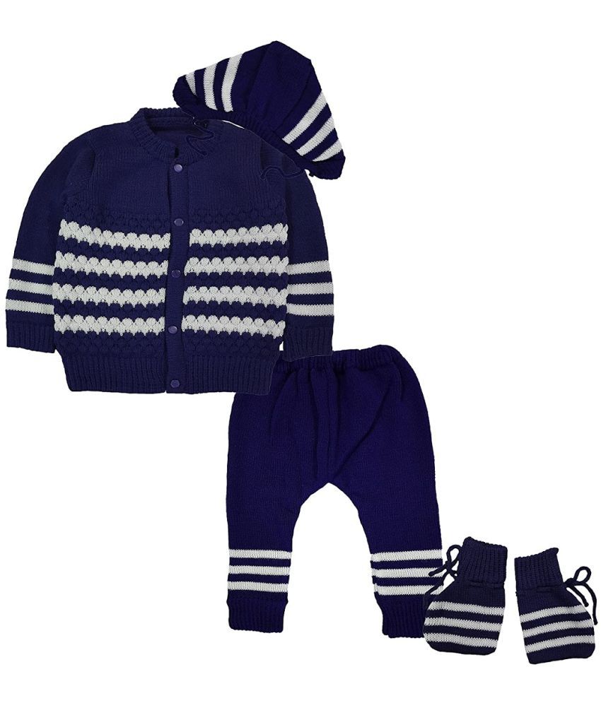     			little PANDA Baby Boys & Baby Girls Premium Woolen Round Neck Sweater Top, Bottom, Cap & Booties Set