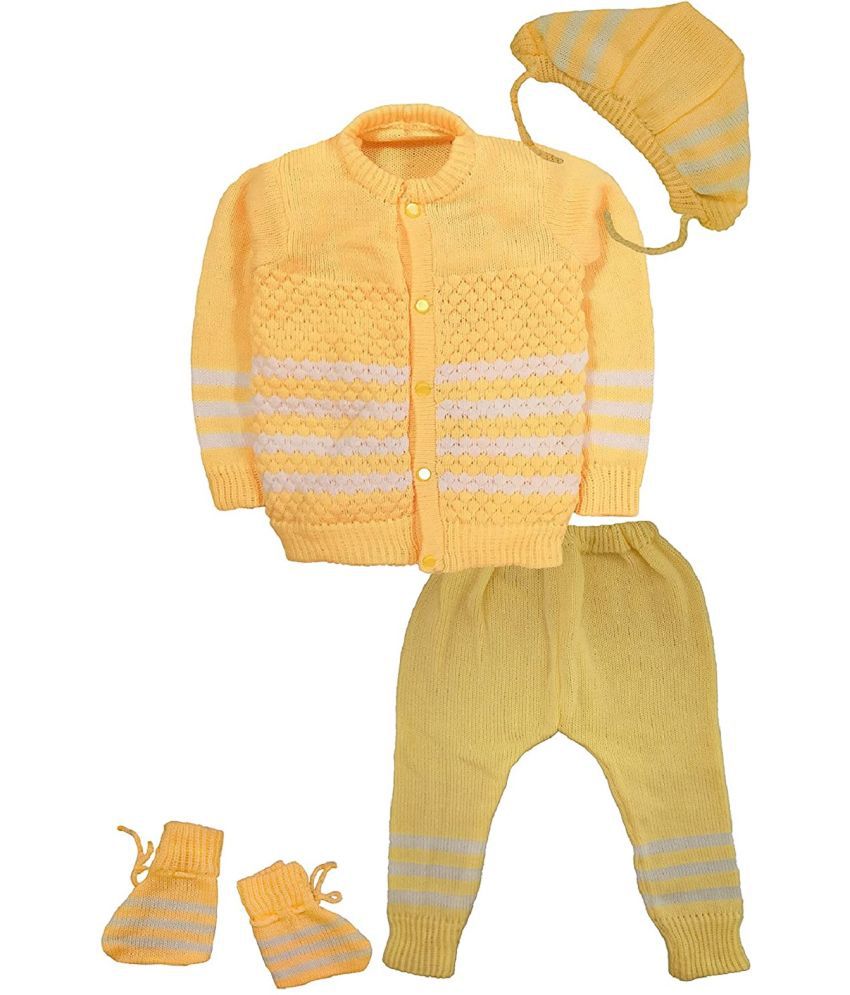     			little PANDA Baby Boys & Baby Girls Premium Woolen Round Neck Sweater Top, Bottom, Cap & Booties Set