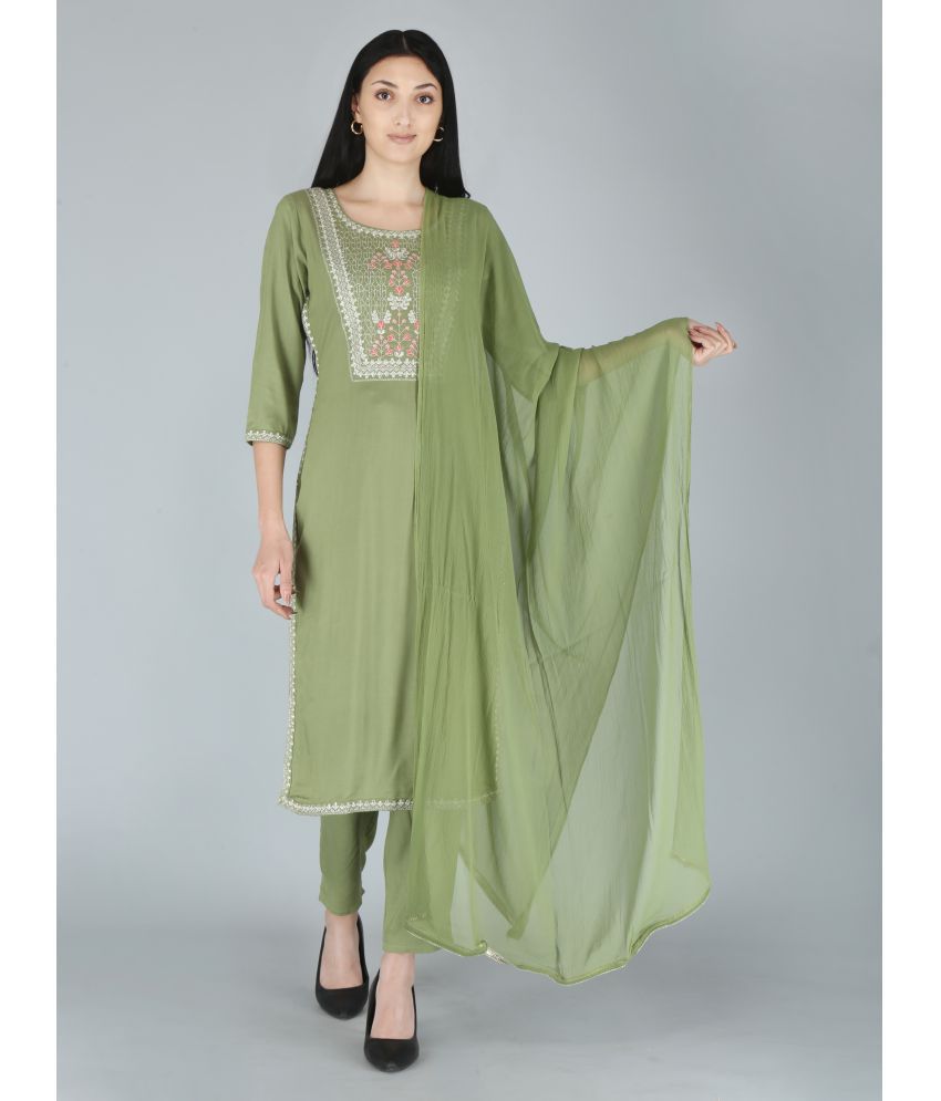     			HIGHLIGHT FASHION EXPORT - Green Straight Rayon Women's Stitched Salwar Suit ( Pack of 3 )