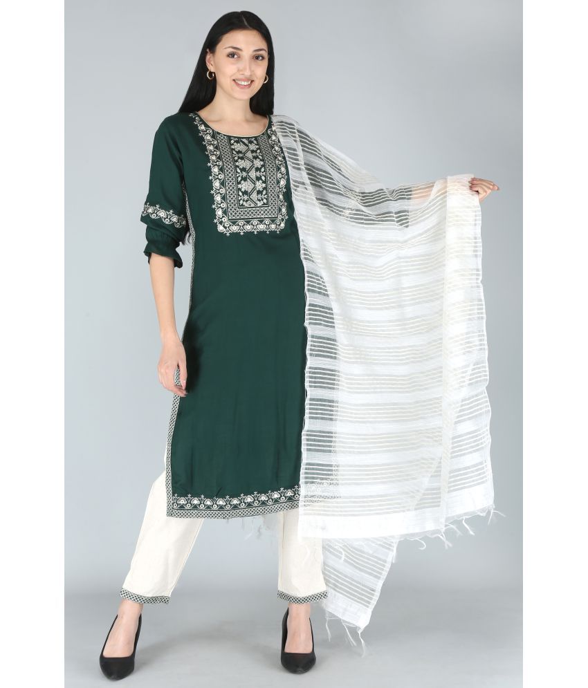     			HIGHLIGHT FASHION EXPORT - Green Straight Rayon Women's Stitched Salwar Suit ( Pack of 3 )