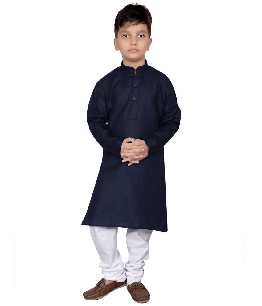     			KIDS FARM - Navy Blue Linen Boys Kurta With Pyjama ( Pack of 1 )