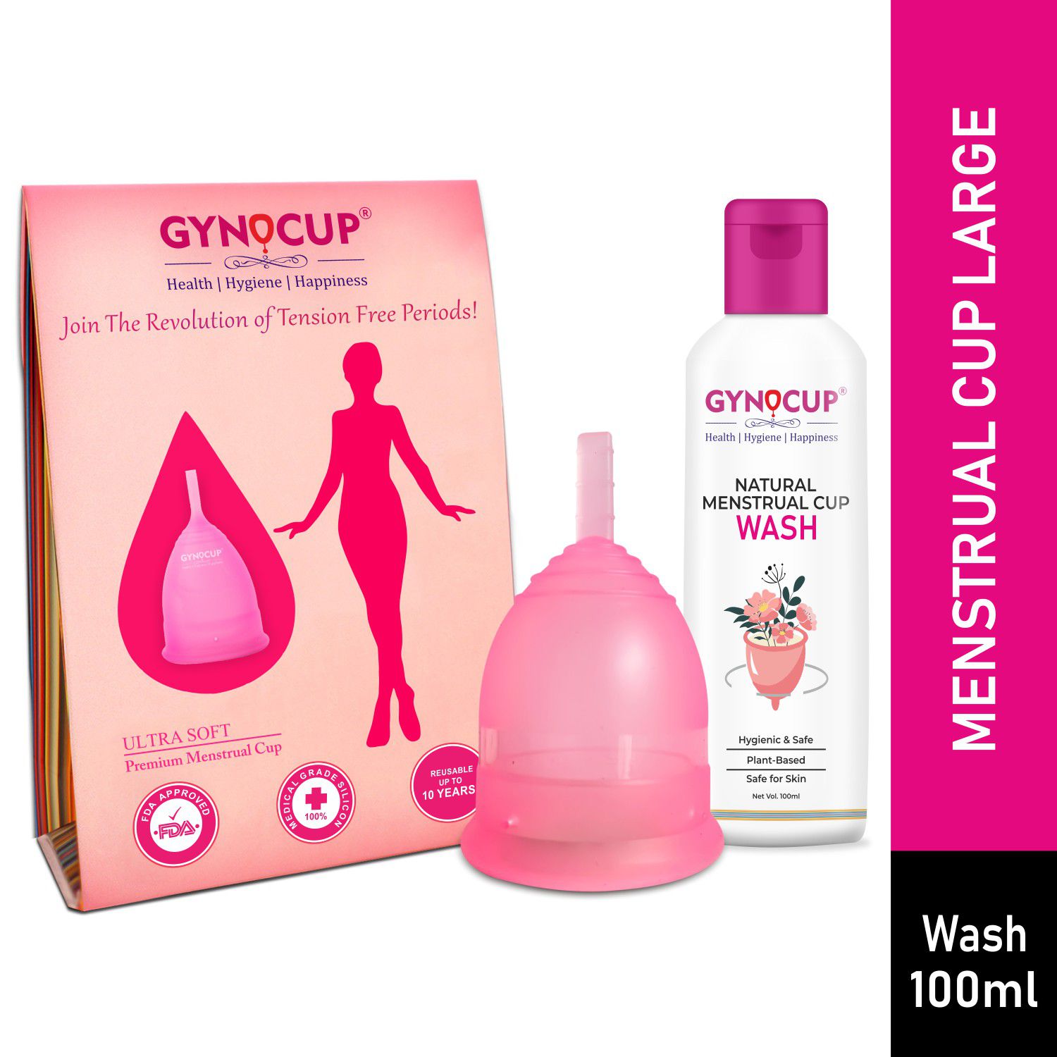 GynoCup Menstrual Cup for Women Large Size (Pink)|With Menstrual Cup Wash 100ml (Combo)