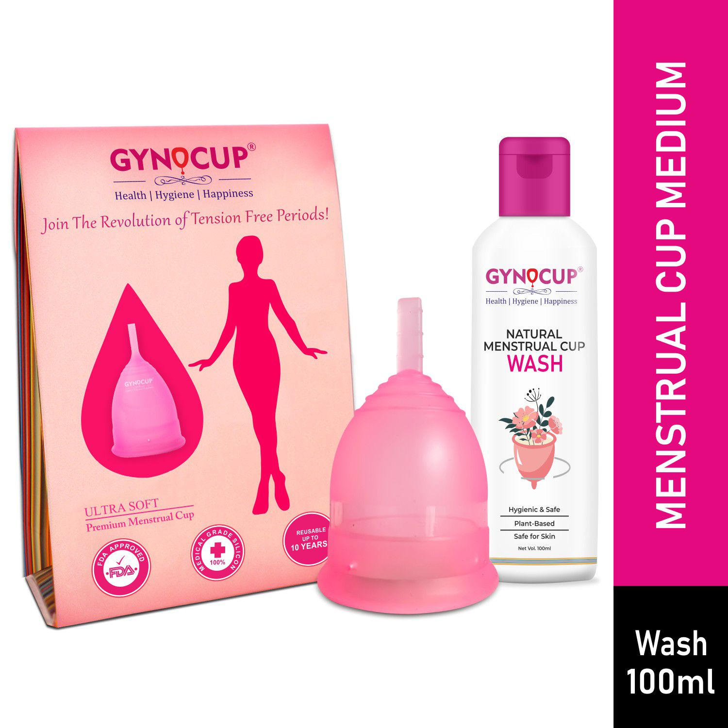 GynoCup Menstrual Cup for Women Medium Size (Pink)|With Menstrual Cup Wash 100ml (Combo)