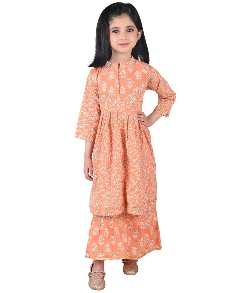 Ahhaaaa Kids Ethnic Cotton Jaipuri Print Frock Style Kurti with Frill Sleeves and Sharara Set for Baby Girls