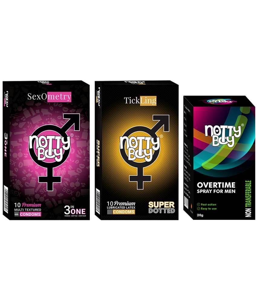     			NottyBoy OverTime Non-Transferable Spray 20gm with 3IN1 Dots, Ribs Contour and 1500 Dots Condoms (Pack of 2, 20Pcs)