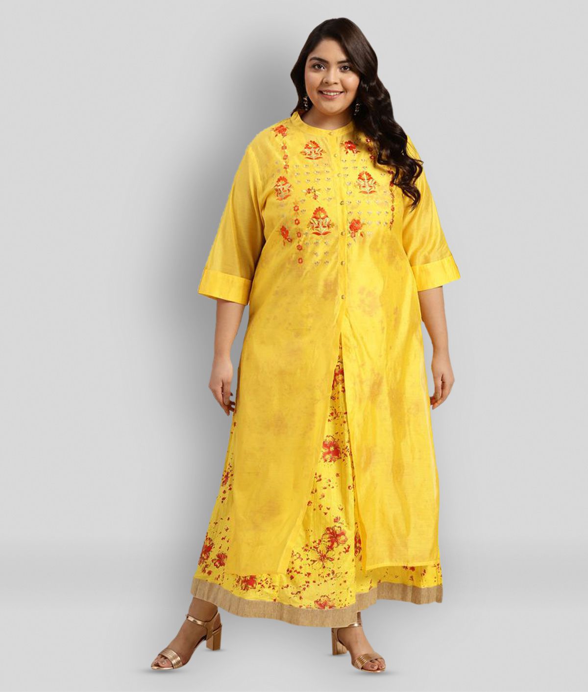 Juniper - Yellow Flared Rayon Women's Stitched Ethnic Gown ( Pack of 1 )