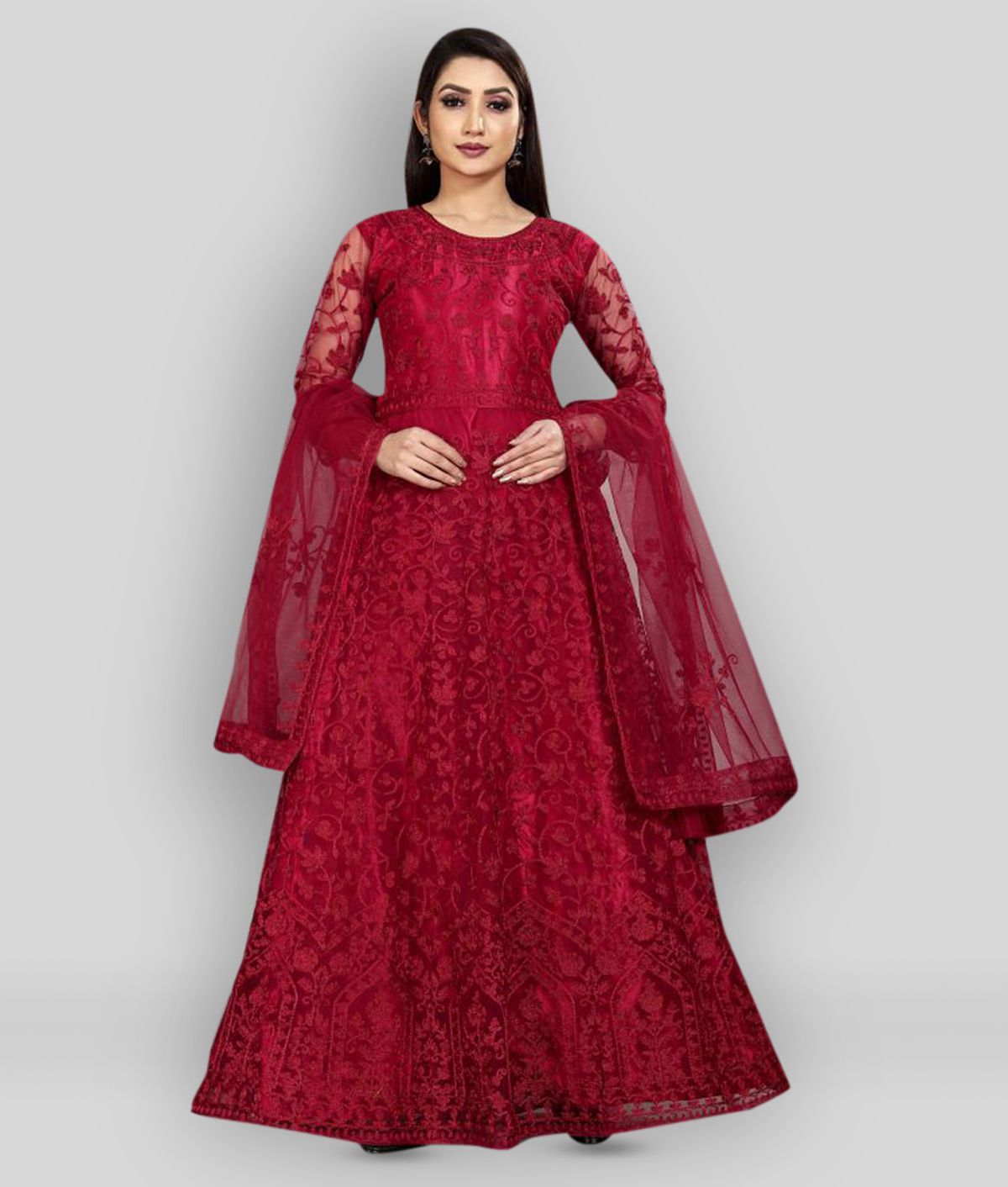     			Apnisha - Maroon A-line Net Women's Stitched Ethnic Gown ( Pack of 1 )