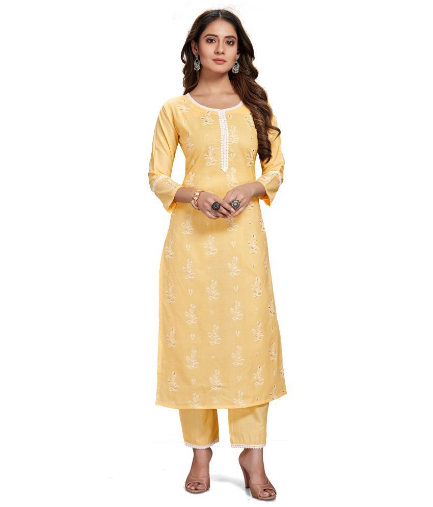     			Style Samsara - Yellow Cotton Blend Women's Straight Kurti ( Pack of 1 )