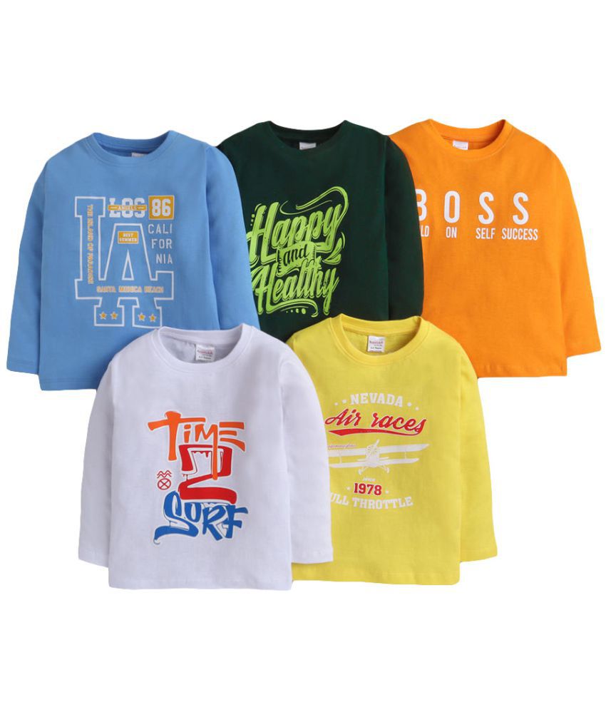 Hopscotch Boys Cotton Full Sleeves Text Printed Pack Of 5 T-Shirt in Multi Color For Ages 8-9 Years (URD-3892183)