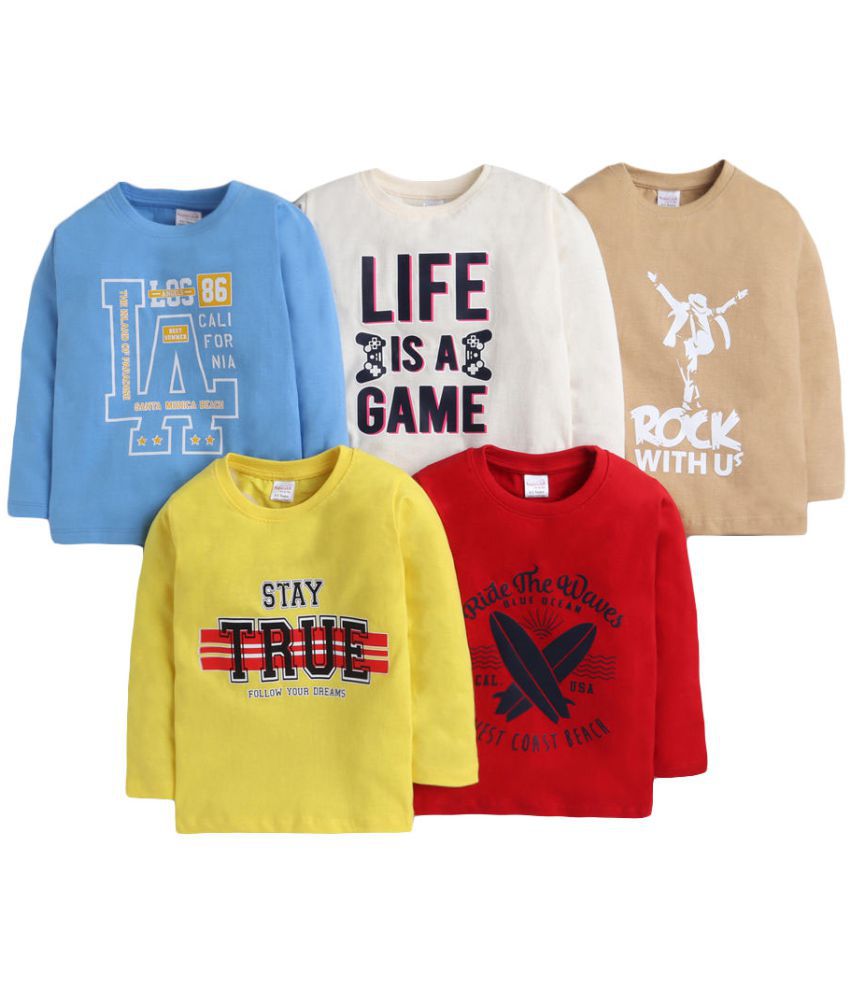 Hopscotch Boys Cotton Full Sleeves Text Printed Pack Of 5 T-Shirt in Multi Color For Ages 8-9 Years (URD-3892246)