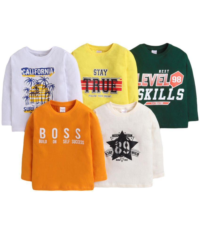 Hopscotch Boys Cotton Full Sleeves Text Printed Pack Of 5 T-Shirt in Multi Color For Ages 8-9 Years (URD-3892197)