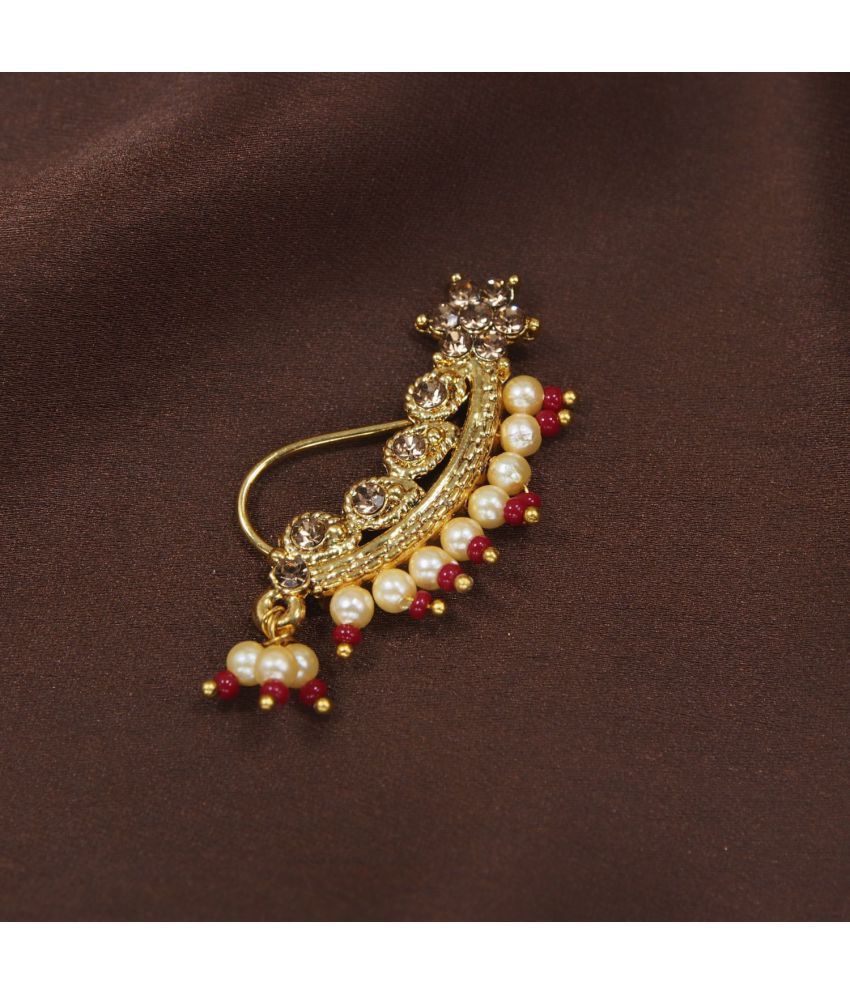     			I Jewels 18k Gold Plated Traditional  Bridal Maharashtrian Nose Ring/Nath with Pearl Stone(NL45M)