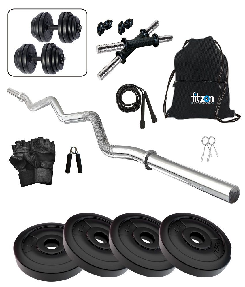 Fitzon Black PVC 10KG combo 3 Home Gym Set with One 3 Ft Curl and One Pair Dumbbell Rods with Gym Accessories