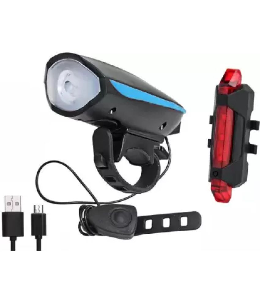     			Protos India.Net Cycle Front Light & Horn With Tail Red Light USB Rechargeable (Combo) LED Front Rear Light Combo (Black)