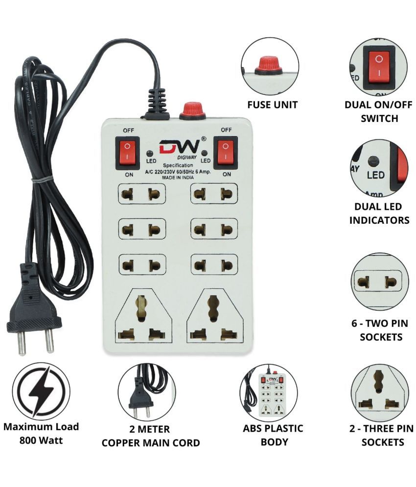     			Digiway 8+2 Mini Strip Extension Board/Cord 8 Sockets 2 Switches 6 AMP with Fuse Protector (Cord Length: 2.0 Meter)- Beige