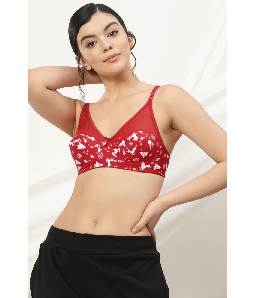     			Clovia - 100% Cotton Printed Red Women's Non Padded ( Pack of 1 )