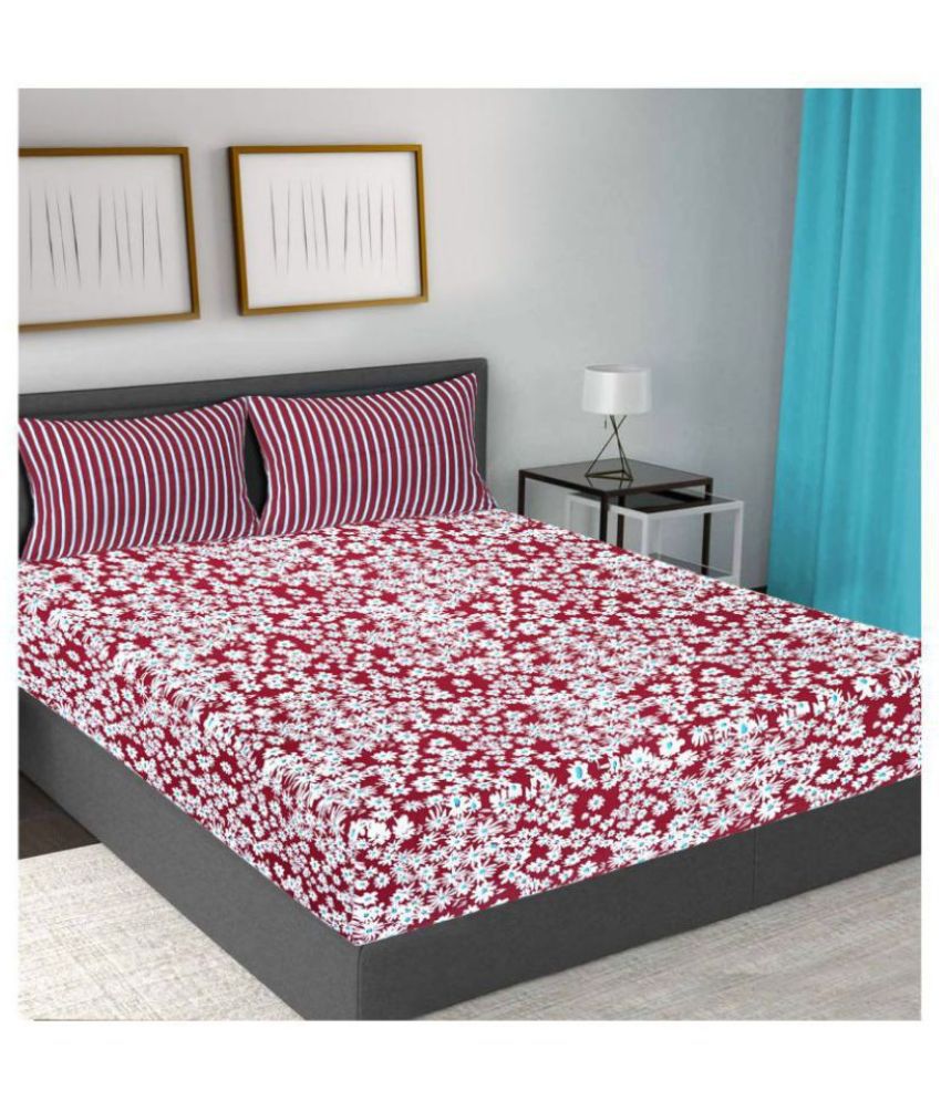     			Frionkandy Cotton Floral Printed Queen Bedsheet with 2 Pillow Covers - Maroon