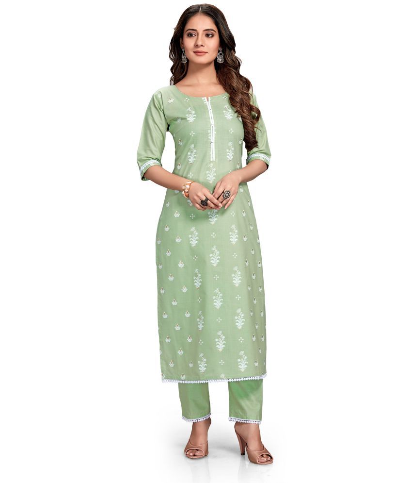 Style Samsara - Green Cotton Blend Women's Straight Kurti ( Pack of 1 )