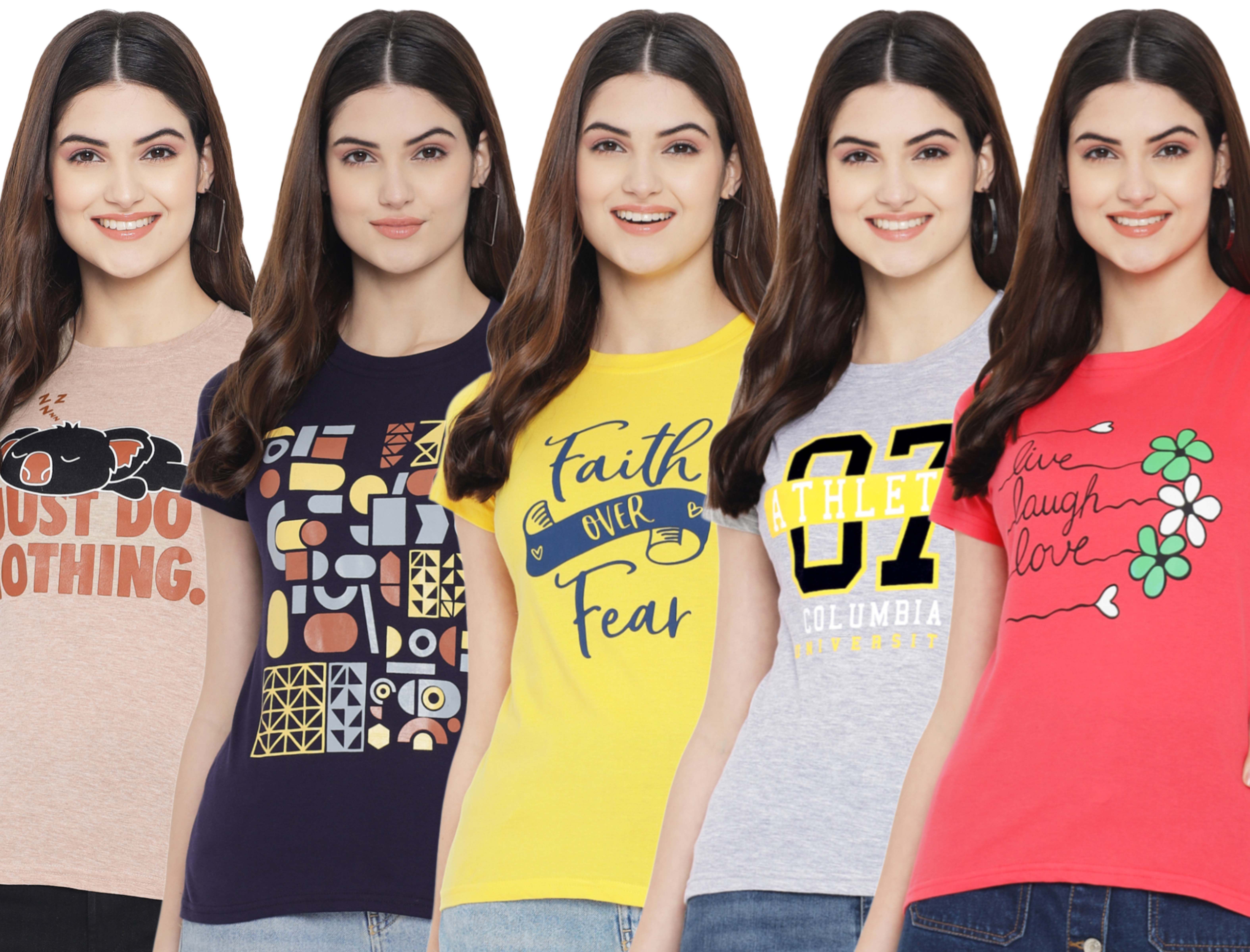 Fabflee - Multi Color 100% Cotton Regular Women's T-Shirt ( Pack of 5 )