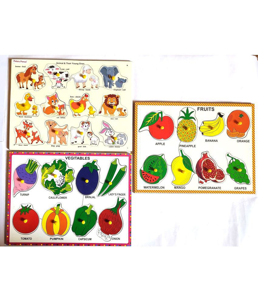    			Peters Pence - Wooden Multi Color Set of Fruits Vegetables and Animals with Their Young Ones Puzzle Learning Board Combo for Kids PRE Primary Education