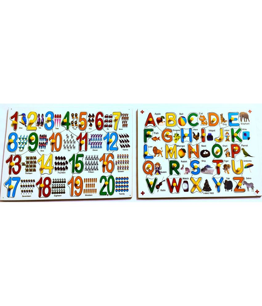     			Peters Pence English Alphabet Learning & Multi-Color Educational 1-20 Number with Counting Pictures Pegs Puzzle Tray with Knobs for Pre-Primary Kids Education