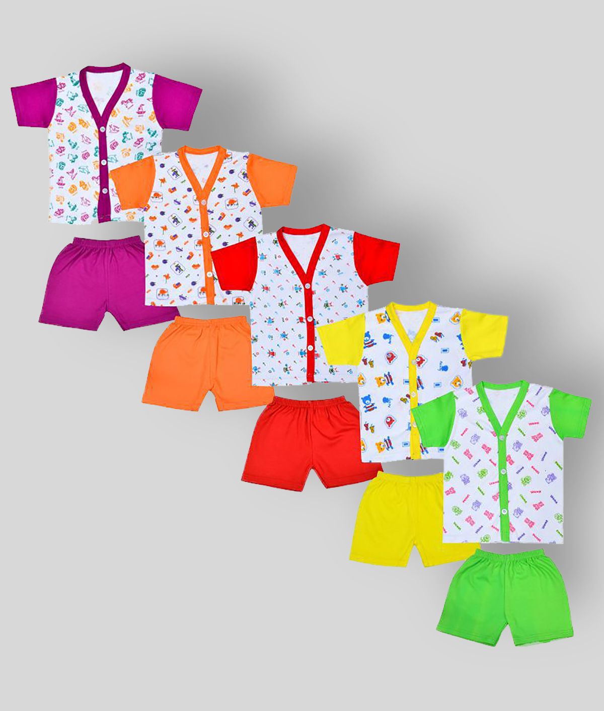 Sathiyas - Multicolor Cotton Top & Shorts For Baby Boy ( Pack of 5 )