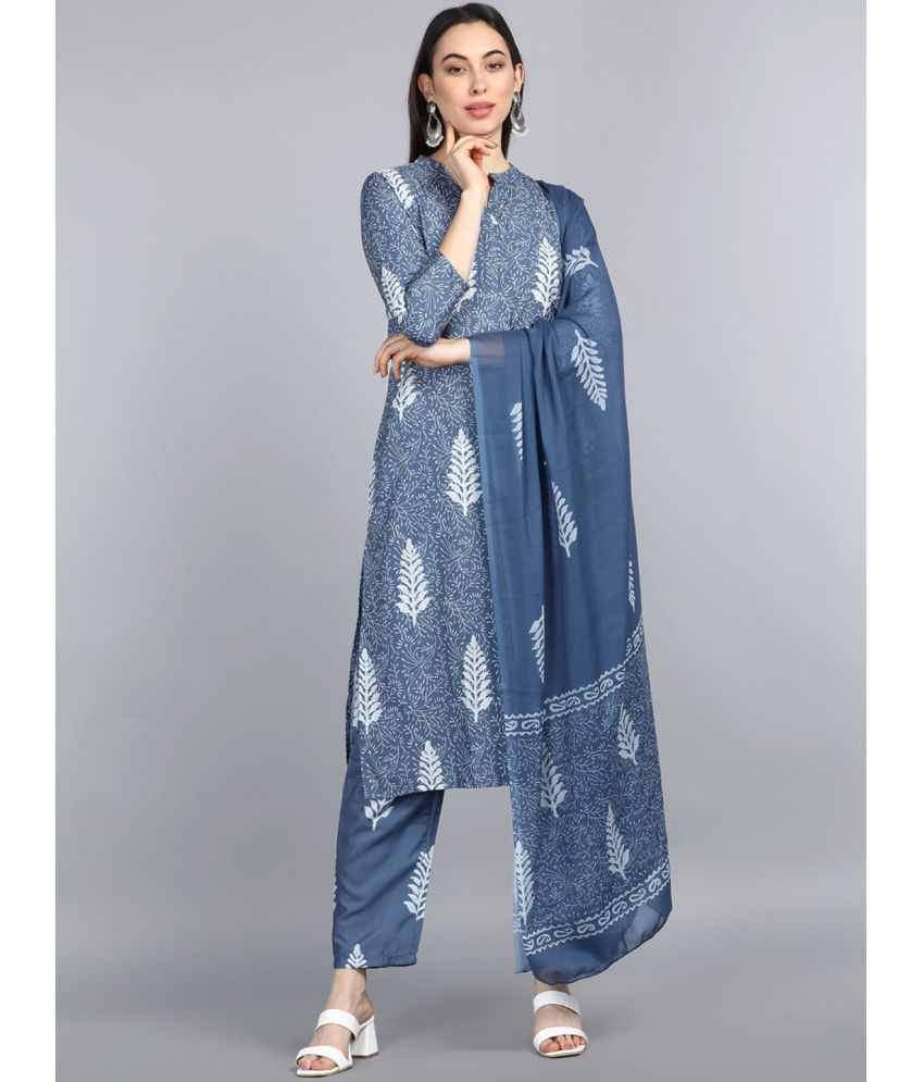 Ethnic Bay - Blue Straight Crepe Women's Stitched Salwar Suit ( Pack of 3 )