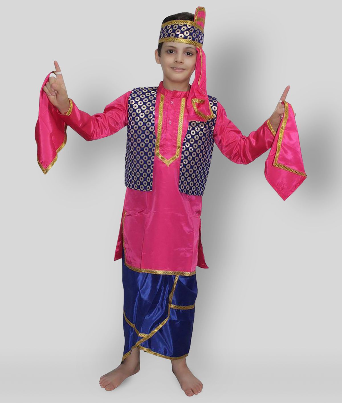     			Kaku Fancy Dresses Indian State Punjabi Folk Dance Costume for Kids/ Bhangda Gidda Dance Costume For Boys - Magenta & Blue, 5-6 Years