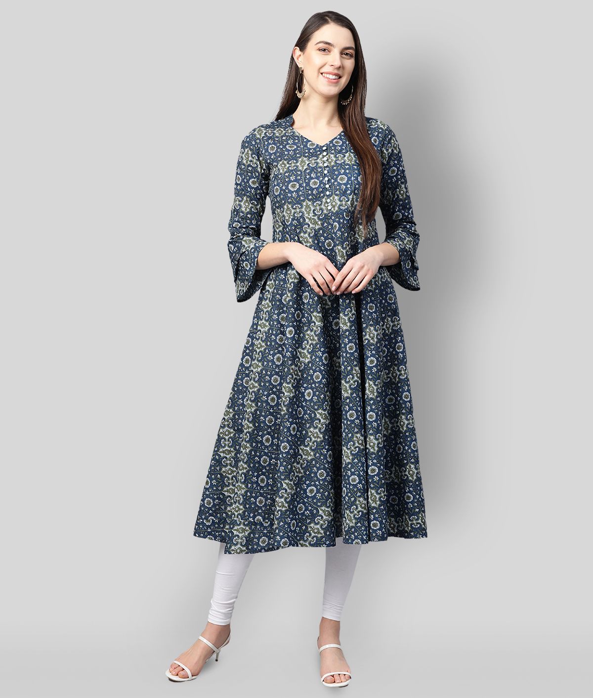     			Yash Gallery Pack of 1 Cotton Blend Printed Flared Women's Kurti - ( Blue )