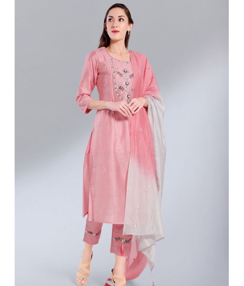     			Madhuram Textiles - Pink Straight Chanderi Women's Stitched Salwar Suit ( Pack of 1 )