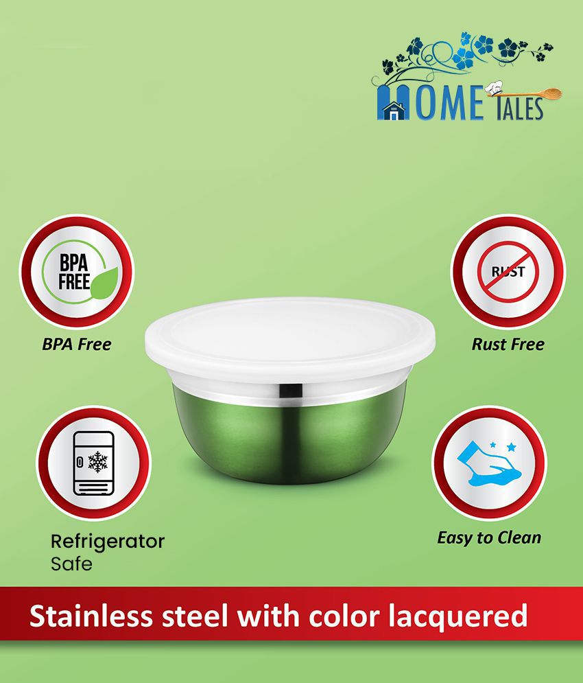 HOMETALES Stainless Steel Food Storage / Mixing Bowls Set of 3 U with Lid, Light Green Color