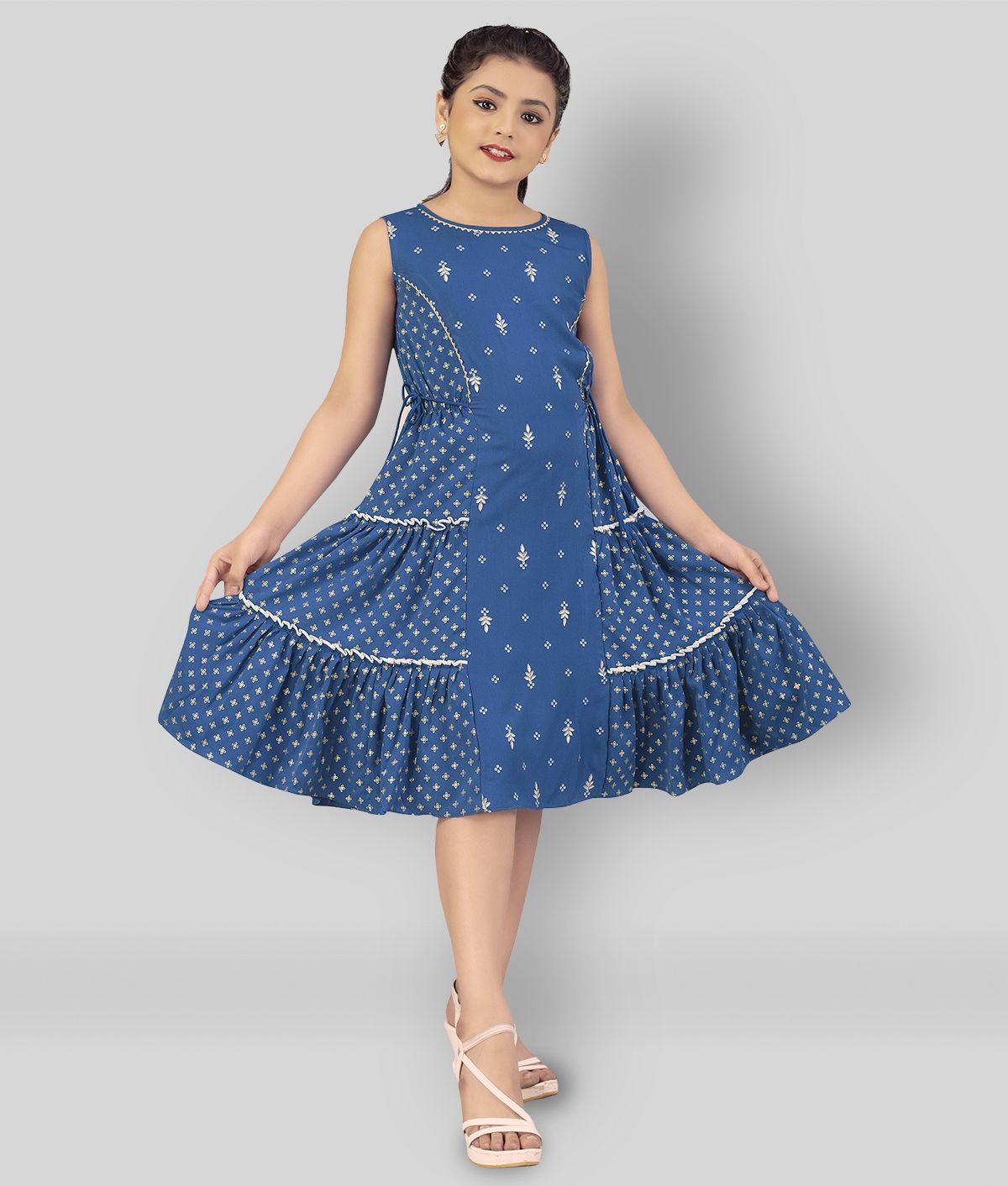     			MIRROW TRADE - Blue Crepe Girl's Tiered Dress ( Pack of 1 )